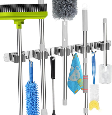 Wall-Mounted Mop & Broom Holder Self-Adhesive Organizer with 5 Racks & 4 Hooks