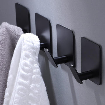 Adhesive Wall Hooks | Matte Black Stainless Steel Towel & Coat Hooks (4 Pack)